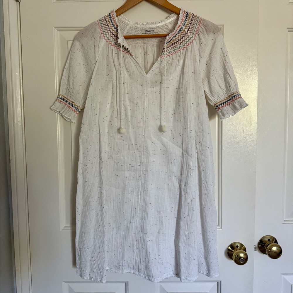 Madewell White Smocked Dress with Multicolor Embroidery